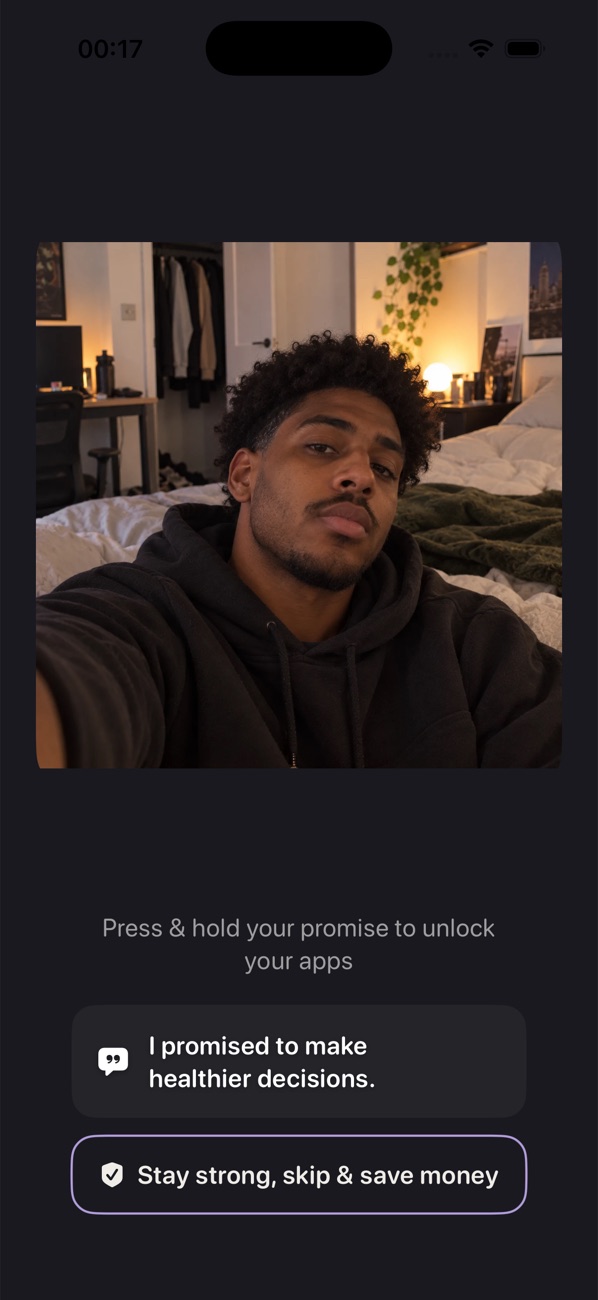 The selfie unlock screen with the promise 'I promised to make healthier decisions.'